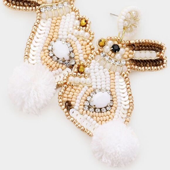 Bunny Pom Poms Seed Bead Pink Earrings - Picture 2 of 6